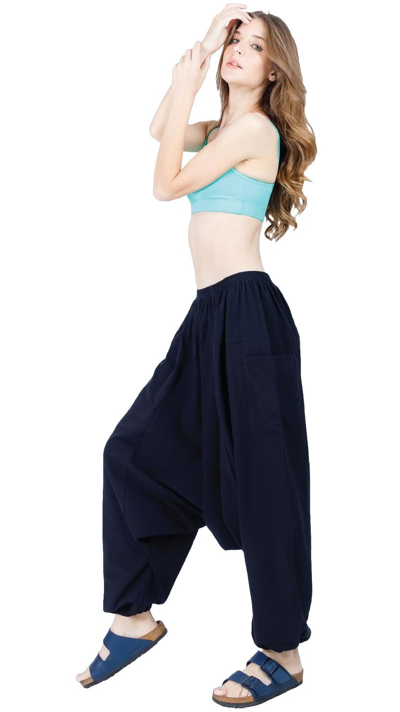 CandyHusky Women Cotton Harem Pants Casual Elastic Waist Boho Pants ComfortSoft - Black - Image 3